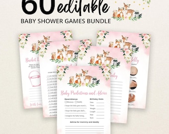 May include: A bundle of 60 editable baby shower game cards featuring a watercolor illustration of a fox, deer, owl, and raccoon surrounded by pink flowers. The cards include titles like Baby Predictions and Advice, Bucket List, and Guess Who.