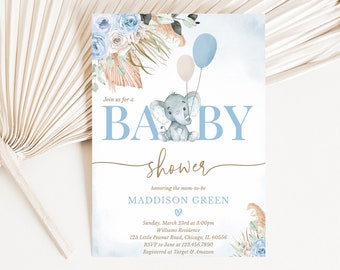 May include: A rectangular baby shower invitation card featuring a watercolor illustration of a gray elephant holding two balloons, blue and beige floral accents, and the text: Join us for a BABY shower honoring the mom-to-be MADDISON GREEN.