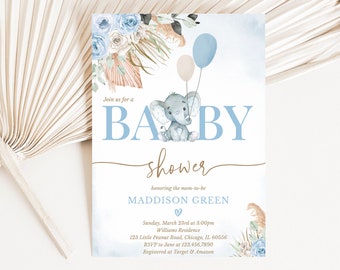 Editable Boho Elephant Baby Shower Invitation, Blue Elephant Shower Invite, Floral  Pampas Elephant Shower Invite, Little Peanut, BBS415