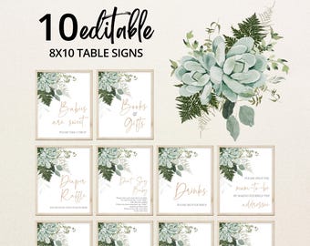 May include: Ten 8x10 inch printable table signs with a watercolor succulent and fern design. The signs include the text "Babies are sweet", "Books & Gifts", "Diaper Raffle", "Don't Say Baby", "Drinks", and "Please help the mom-to-be by making yourself the addressee".