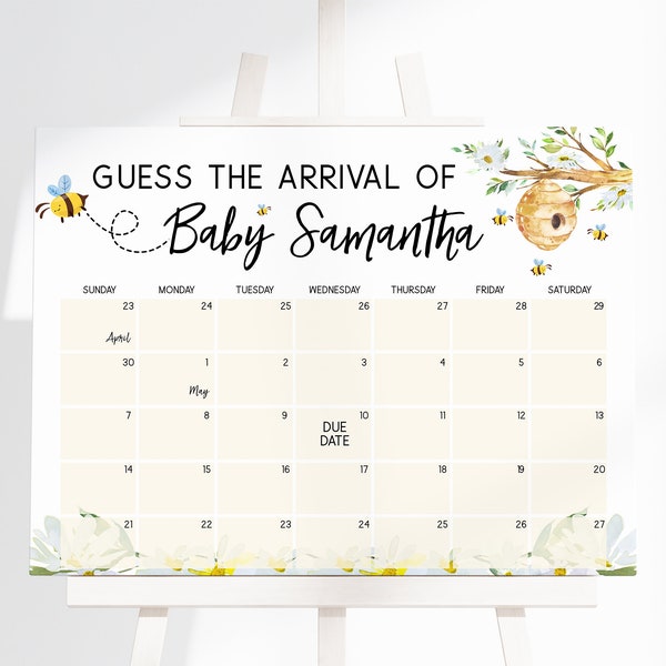 Editable Oh BaBee Baby Shower Guess Baby's Arrival, Honey Bee Baby Shower Due Date Calendar, Sweet as can Bee Baby Shower, BBS200