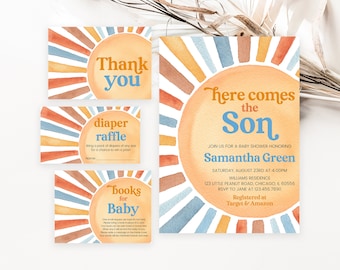 Lot d'invitations modifiables pour baby shower soleil, invitation pour baby shower fils, douche Sonshine Boy, Boho Sunshine Shower, BBS738