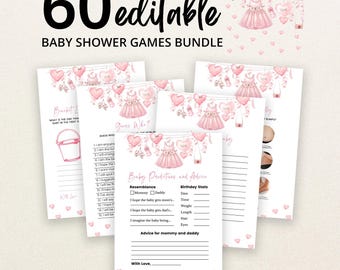 Może przedstawiać: Zestaw 60 edytowalnych kart do gier na baby shower z różowymi akwarelowymi ilustracjami serc, ubranek dziecięcych i akcesoriów na białym tle. Tekst zawiera tytuły takie jak Baby Predictions and Advice oraz Guess Who.
