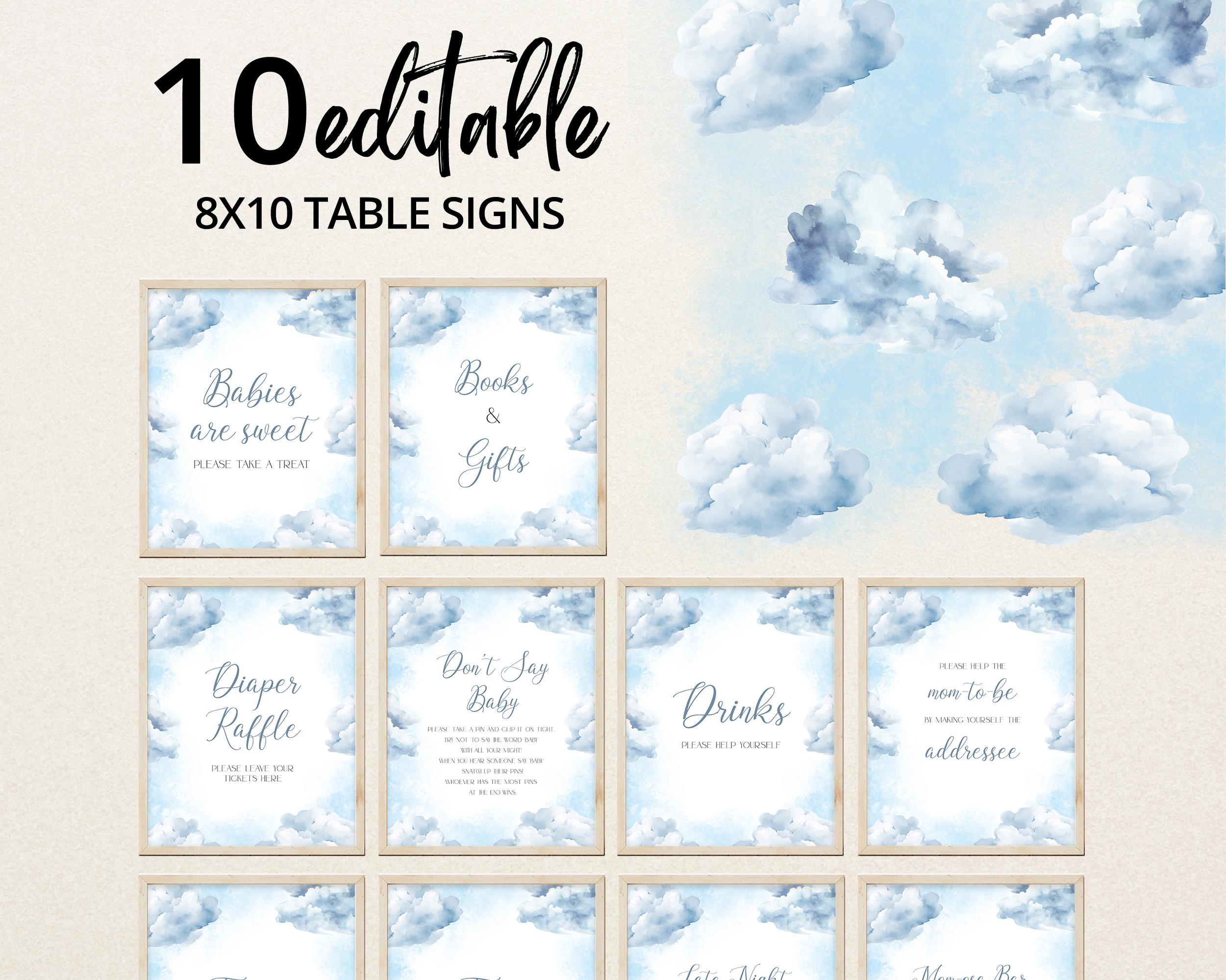 Editable On Cloud 9 Baby Shower Table Sign, Blue Cloud Nine Babies are Sweet Favors, Boy We're on Cloud Nine Diaper Raffle, Gifts, BBS970