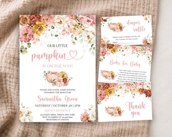 May include: A baby shower invitation set featuring floral watercolor illustrations of pink and orange pumpkins. The text reads: Our Little Pumpkin Is On The Way, Samantha Green, Saturday October 28, 2pm, Smith's Residence, 1104 Party Drive, Trinity, New York.