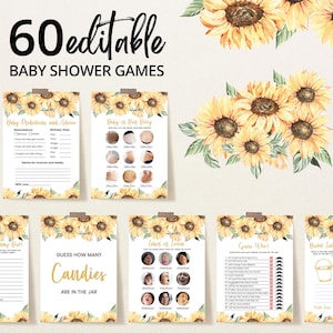 Pacchetto di giochi per baby shower con girasole modificabile, giochi per baby shower rustici con girasole per bambine, pacchetto di giochi per baby shower con girasole boho, baby shower BBS260