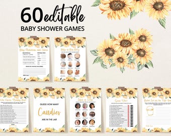 Editable Sunflower Baby Shower Game Bundle, Girl Rustic Sunflower Baby Shower Games, Boho Sunflower Baby Shower Game Pack,Baby Shower BBS260