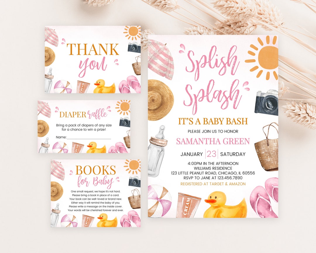Editable Splish Splash Baby Bash Girl Baby Shower Invitation Bundle ...