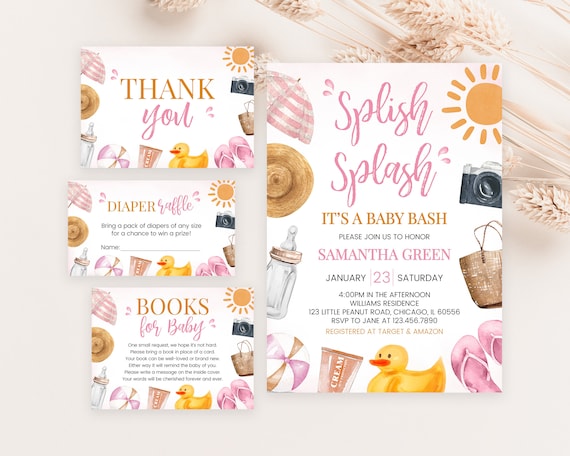 Editable Splish Splash Baby Bash Girl Baby Shower Invitation
