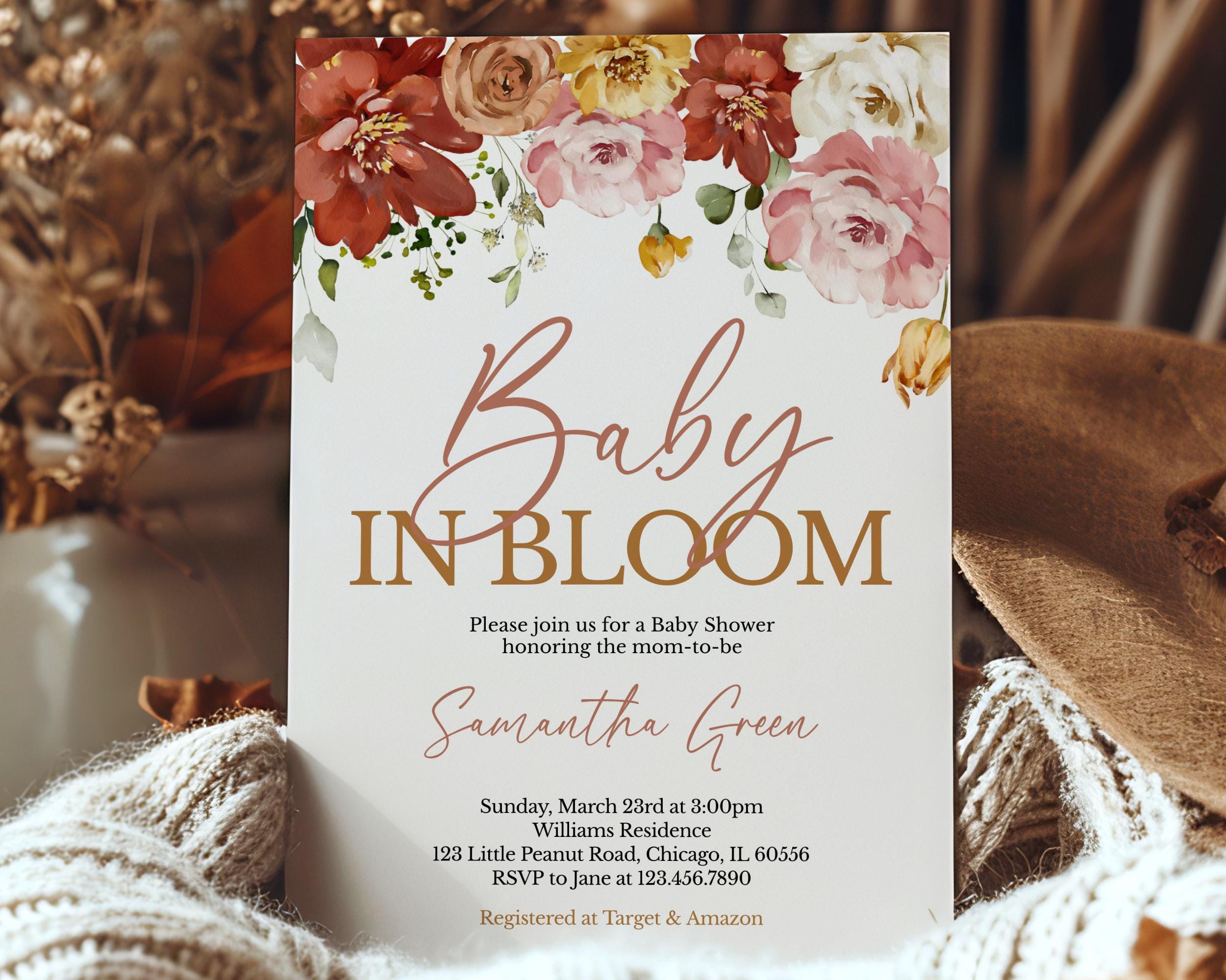 Editable Baby in Bloom Baby Shower Invitation, Fall Flowers Baby Shower Invite Pack, Autumn Wildflower Baby Shower Invitation, BBS842