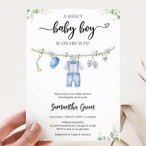 Bearbeitbar Es ist eine Jungen-Baby-Kleidungs-Babyparty-Einladung, blaue Wäsche-Babyparty-Einladung, Wäscheleine-Babyparty-Einladungsvorlage, BBS717