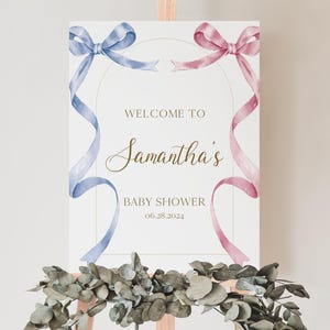 Editable He or She What Will Baby Be Baby Shower Welcome Sign, Pink and Blue Bow Baby Shower Poster, Gender Reveal Bow Decor, BBS907