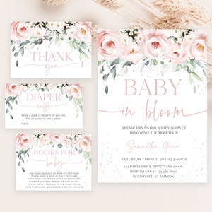 Editable Pink Floral Baby in Bloom Baby Shower Invitation Bundle, Girl Floral Baby Shower Invite Pack, Pink Floral Shower Invite, BBS601