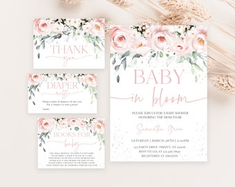 Editable Pink Floral Baby in Bloom Baby Shower Invitation Bundle, Girl Floral Baby Shower Invite Pack, Pink Floral Shower Invite, BBS601