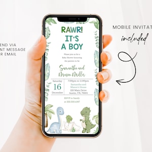 K&ouml;nnte beinhalten: Ein Smartphone-Bildschirm zeigt eine Babyparty-Einladung mit Dinosaurier-Motiv. Die Einladung lautet "RAWR! IT'S A BOY" mit Veranstaltungsdetails. Das Design umfasst gr&uuml;nes Laub und Dinosaurier-Illustrationen. Die Einladung ist f&uuml;r Samantha und Mason Miller.