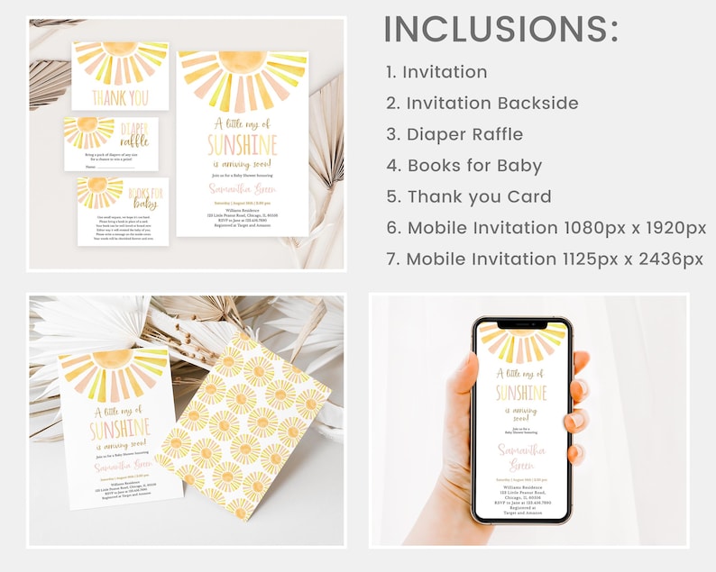 Puede incluir: Conjunto de papeler&iacute;a para baby shower con tem&aacute;tica de sol. Incluye invitaciones, tarjetas de agradecimiento y tarjetas de rifa de pa&ntilde;ales. El dise&ntilde;o presenta un motivo de sol en acuarela en tonos amarillos y melocot&oacute;n. Tambi&eacute;n se incluye una invitaci&oacute;n m&oacute;vil.