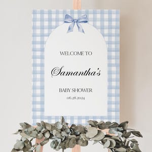Bearbeitbares Blaues Babyparty-Willkommensschild, Blauer Bogen-Junge-Babyparty-Poster, Blauer Junge-Plaids-Band-minimalistisches Babypartydekor, BBS906