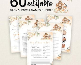 May include: A bundle of 60 editable baby shower game cards featuring woodland animal illustrations, including a bear, fox, and deer, surrounded by floral accents. The cards include text for games like Guess Who, Baby Predictions, and Advice.
