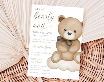 Editable Gender Neutral Bear Baby Shower Invitation, We Can Bearly Wait Baby Shower Invite, Brown Boho Bear Baby Shower, BBS775