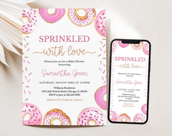 Editable Pink Donuts Baby Sprinkle Invitation, Girl Donuts Baby Shower Invite, Sprinkled with Love Shower, Donuts Baby Shower, BBS1048