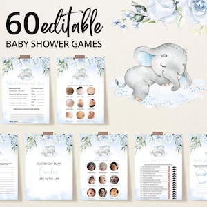 Editable Blue Boy Elephant Baby Shower Game Bundle, Blue Floral Elephant Baby Shower Game Pack, Sleeping Baby Elephant Games, BBS376
