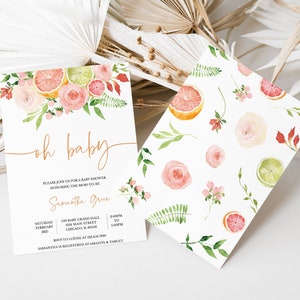 May include: Baby shower invitation with the words "oh baby" in elegant script. The design features watercolor illustrations of pink roses, citrus fruits, and green foliage. The invitation includes event details and the name Samantha Green.
