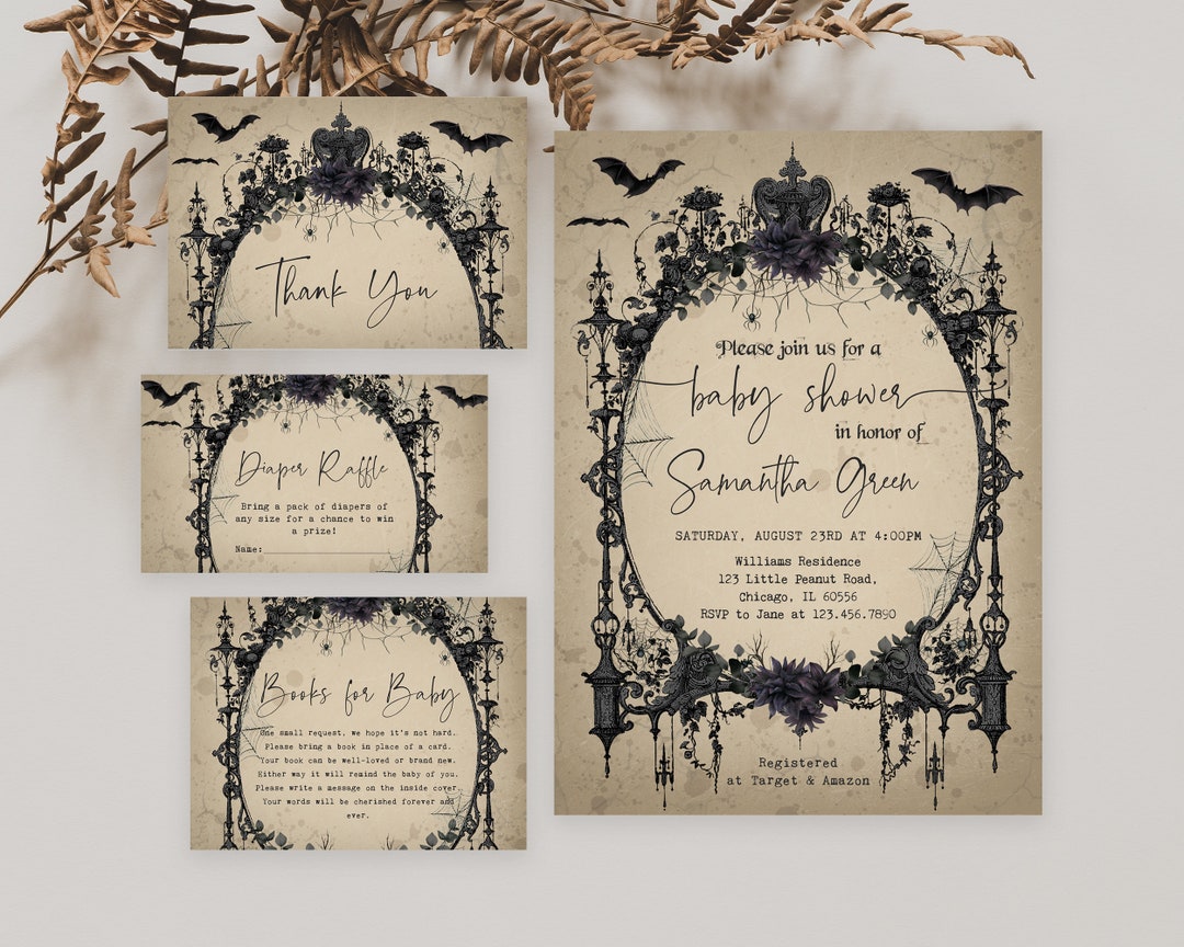Editable Gothic Halloween Baby Shower Invitation Bundle, Spooky Vintage ...