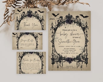 Bewerkbare gotische Halloween babyshower uitnodigingsbundel, Spooky vintage babyshower uitnodigen, Haunted Halloween babyshower uitnodigen, BBS486