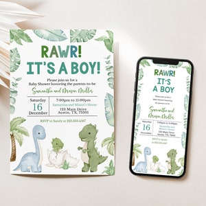 K&ouml;nnte beinhalten: Eine Babyparty-Einladung mit Dinosaurier-Motiv. Die Einladung lautet "RAWR! IT'S A BOY!" in Gr&uuml;n und Wei&szlig;. Die Einladung enth&auml;lt Datum, Uhrzeit, Ort und RSVP-Informationen. Ein Smartphone zeigt die gleiche Einladung an.