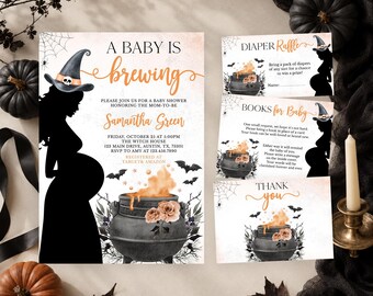 Paquete editable de invitaciones para baby shower de Halloween con temática de brujas, diseño "Un bebé está en camino", BBS431