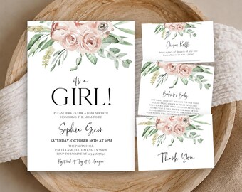 May include: A white baby shower invitation set featuring watercolor pink roses and green foliage. The main card reads It's a Girl! honoring Sophia Green on October 28th at 2PM. Includes a diaper raffle card, a books for baby card, and a thank you card.