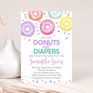 Editable Donuts and Diapers Baby Shower Invitation, Girl Donuts Baby Shower, Sweets Sprinkle Baby Shower, Donuts Baby Shower, BBS160