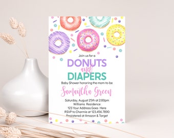 Editable Donuts and Diapers Baby Shower Invitation, Girl Donuts Baby Shower, Sweets Sprinkle Baby Shower, Donuts Baby Shower, BBS160