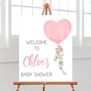 Panneau de bienvenue modifiable pour la baby shower de la Saint-Valentin, affiche de bienvenue pour la baby shower d’un petit cœur, décor de baby shower en ballon à cœur rose, BBS358