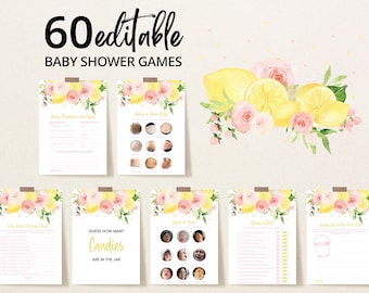 Editable Lemonade Baby Shower Game Bundle, Sunshine Lemonade Baby Shower Game Pack, Pink Floral Lemonade Baby Shower Games,  BBS403