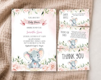 Editable Pink Girl Elephant Baby Shower Invitation Bundle, Pink Floral Elephant Baby Shower Invitation Pack, Girl Baby Elephant BBS591