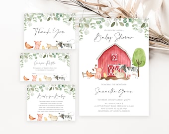 Editable Boy Farm Baby Shower Invitation Bundle, Greenery Farm Baby Shower Invite Pack, Boy Farm Barnyard Baby Shower Invite, BBS648