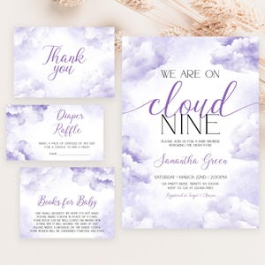 Editable On Cloud 9 Baby Shower Invitation Bundle, Purple Cloud Nine Baby Shower Invite Pack, Girl We&#39;re on Cloud Nine Shower Invite,BBS1043