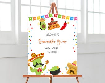 Puede incluir: Un letrero de bienvenida para baby shower blanco sobre un caballete de madera. El letrero presenta ilustraciones coloridas de un taco, aguacate y chile, junto con un cactus y un personaje de tortilla sonriente con sombreros. El texto dice "Bienvenida a Samantha Green Baby Shower 08-23-2024."