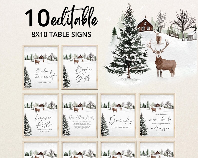 Editable Baby It's Cold Outside Baby Shower Table Sign, Winter Woodland