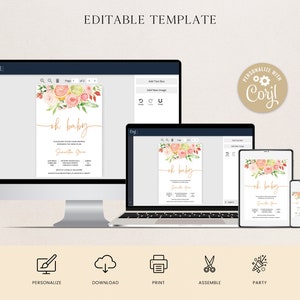 May include: A digital invitation template displayed on various devices, including a desktop computer, laptop, tablet, and phone. The invitation features floral elements and the text "oh baby". Additional icons for personalization, download, print, assembly, and party are also visible.
