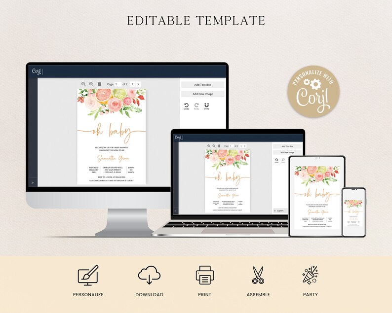 May include: A digital invitation template displayed on various devices, including a desktop computer, laptop, tablet, and phone. The invitation features floral elements and the text "oh baby". Additional icons for personalization, download, print, assembly, and party are also visible.