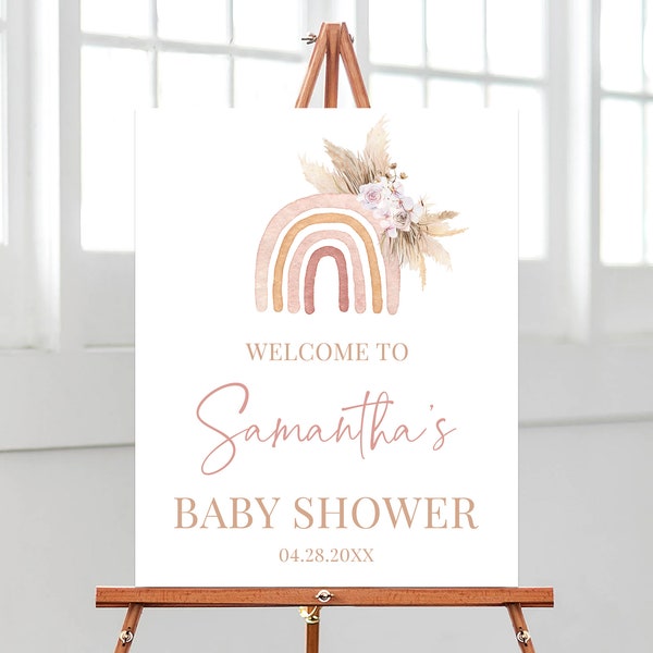 Editable Boho Rainbow Baby Shower Welcome Sign, Rustic Rainbow Baby Shower Poster, Girl Rainbow Baby Shower Pampas Grass Decoration, BBS404