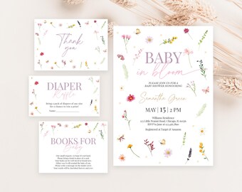 May include: A set of four baby shower cards with a floral theme. The cards are white with pink and yellow flowers and butterflies. The text on the cards reads "Baby in Bloom", "Diaper Raffle", "Books for Baby", and "Thank You".