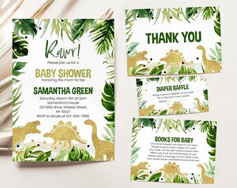 Puede incluir: Una invitación de baby shower verde y dorada con un tema de jungla. La invitación presenta un fondo de acuarela con hojas verdes y dinosaurios dorados con purpurina. El texto de la invitación dice: "Rawr! Únase a nosotros para una Baby Shower en honor a la futura mamá Samantha Green. Sábado, 4 de marzo a las 2:00 pm en la casa de Samantha 123 Wild drive, Wildest Street, NY 10037 RSVP a Nicole al 123-456-7890".