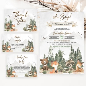 Pacchetto di inviti modificabili per baby shower "Let the Adventure Begin" nel bosco, invito per baby shower nel bosco, baby shower per bambini, BBS590