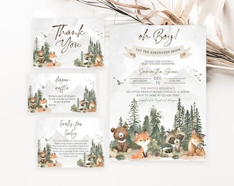 Editable Let the Adventure Begin Woodland Baby Shower Invitation Bundle, Woodland Baby Shower Invite, Boy Adventure Baby Shower, BBS590