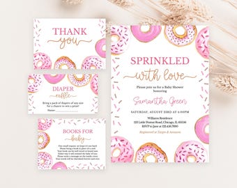 Editable Pink Donuts Baby Sprinkle Invitation Bundle, Girl Donuts Baby Shower Invite, Sprinkled with Love Shower, Donuts Baby Shower,BBS1048
