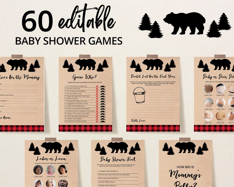 Editable It's a Boy Lumberjack Baby Shower Game Bundle