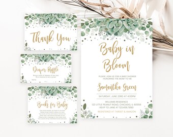 May include: A baby shower invitation with a green succulent floral design. The invitation reads "Baby in Bloom" and includes the name "Samantha Green". The invitation also includes the date, time, and location of the shower. The text "Registered at Target & Amazon" is also included.